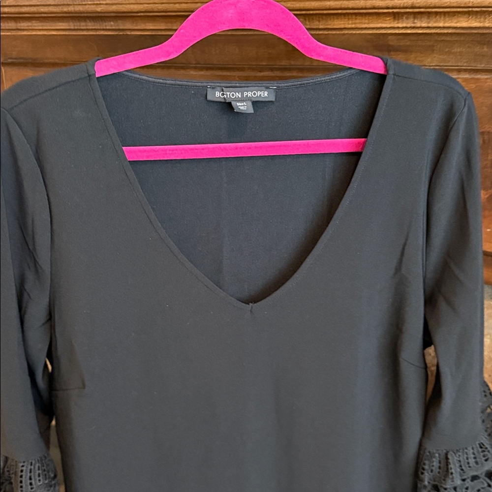 Boston Proper Travel Collection black statement bell lace sleeve dress NWT L - Picture 2 of 11